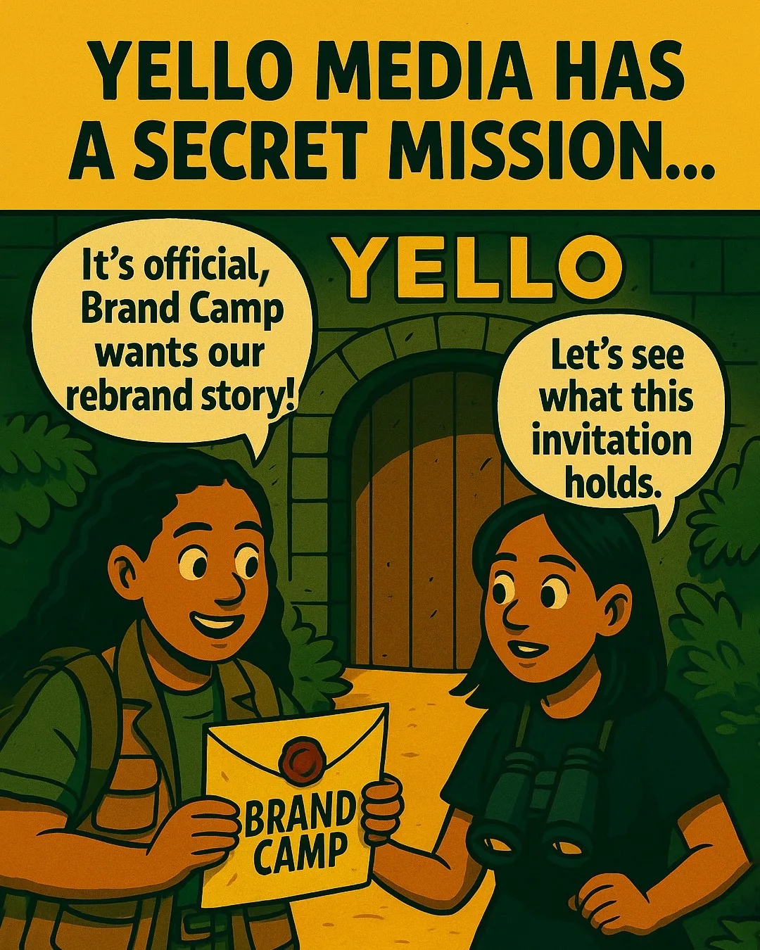 Published Brand Camp comic artwork: two Yello explorers receive an invitation to share the rebrand story